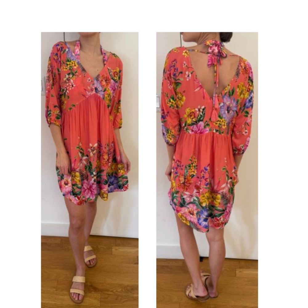 Johnny Was Coral Floral V-Neck Tie-Back Dress, XL. NWT
